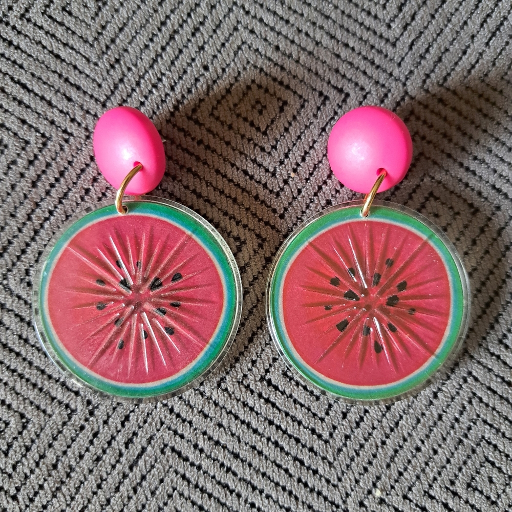 RARE VTg 90's Dangly OS Bright Lucite Pierced Watermelon Earrings